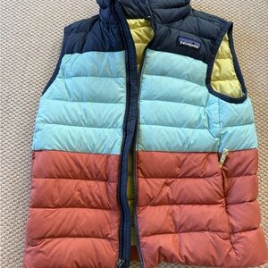 Patagonia Colorblock Down Puffer Vest - Mint, Rust & Navy XS